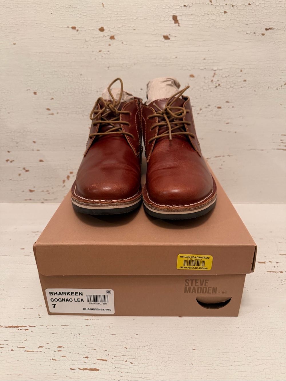 Steve Madden bharkeen Cognac Leather Kids Lace-Up Boots